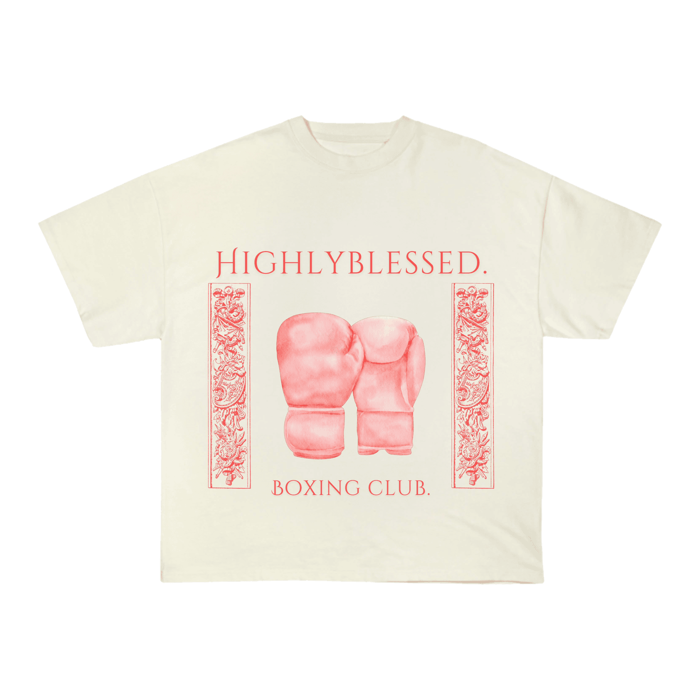 Highlyblessed Boxing Club tee, cream — pink gloves in a red floral frame