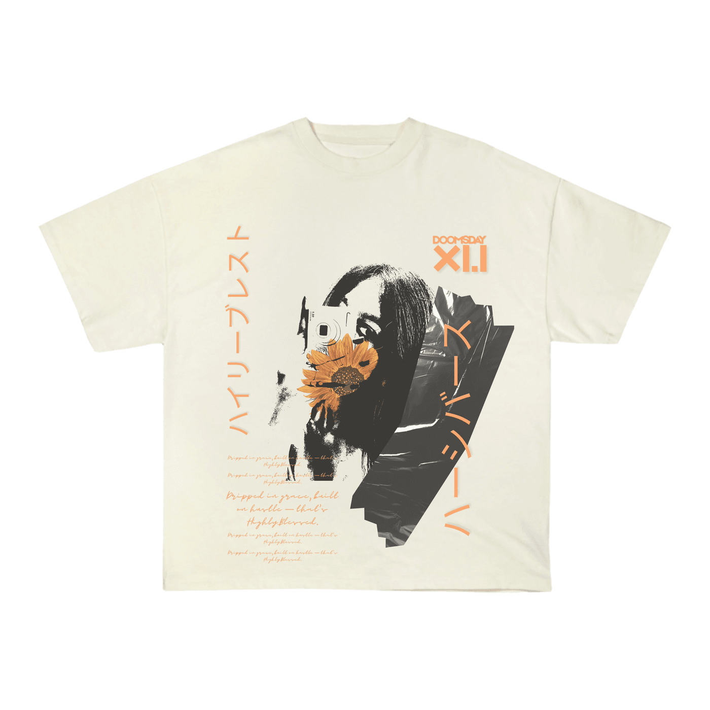 Doomsday XI.I tee, cream — sunflower figure and katakana in orange and black