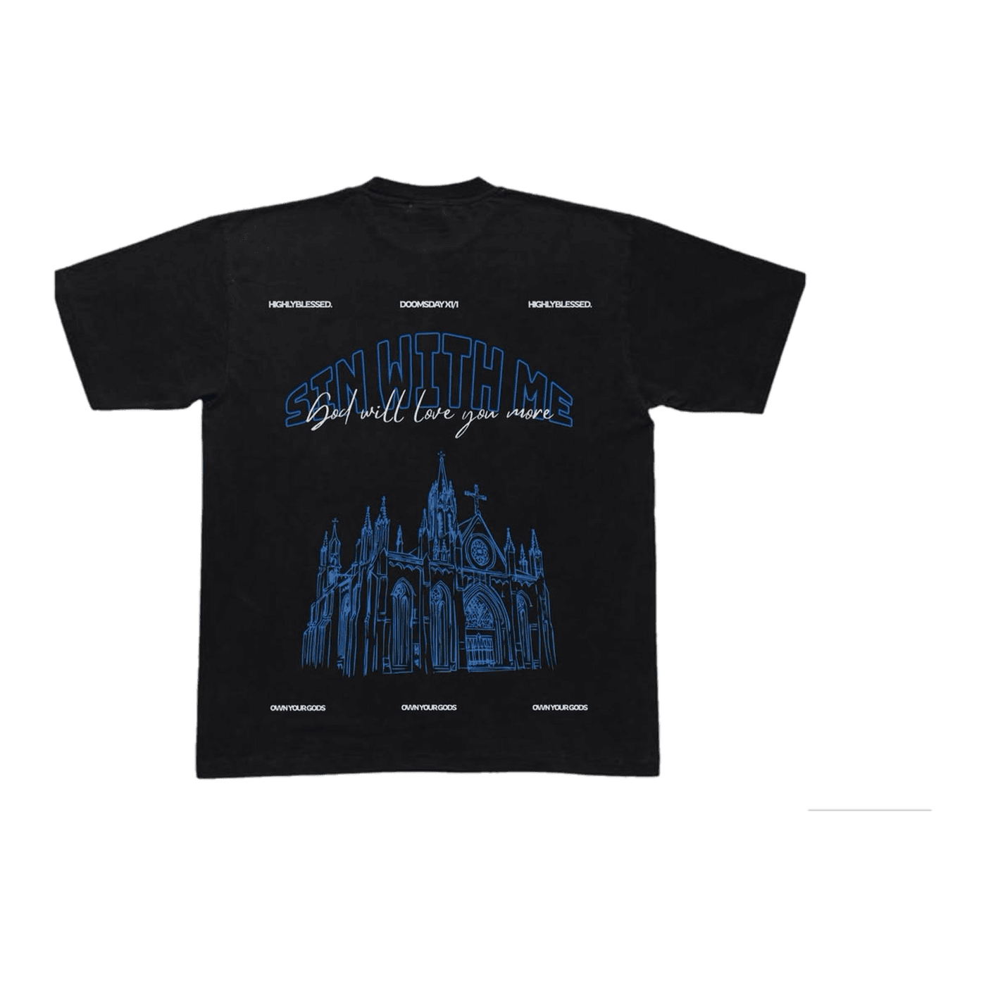 Sin With Me tee, black — cathedral back print