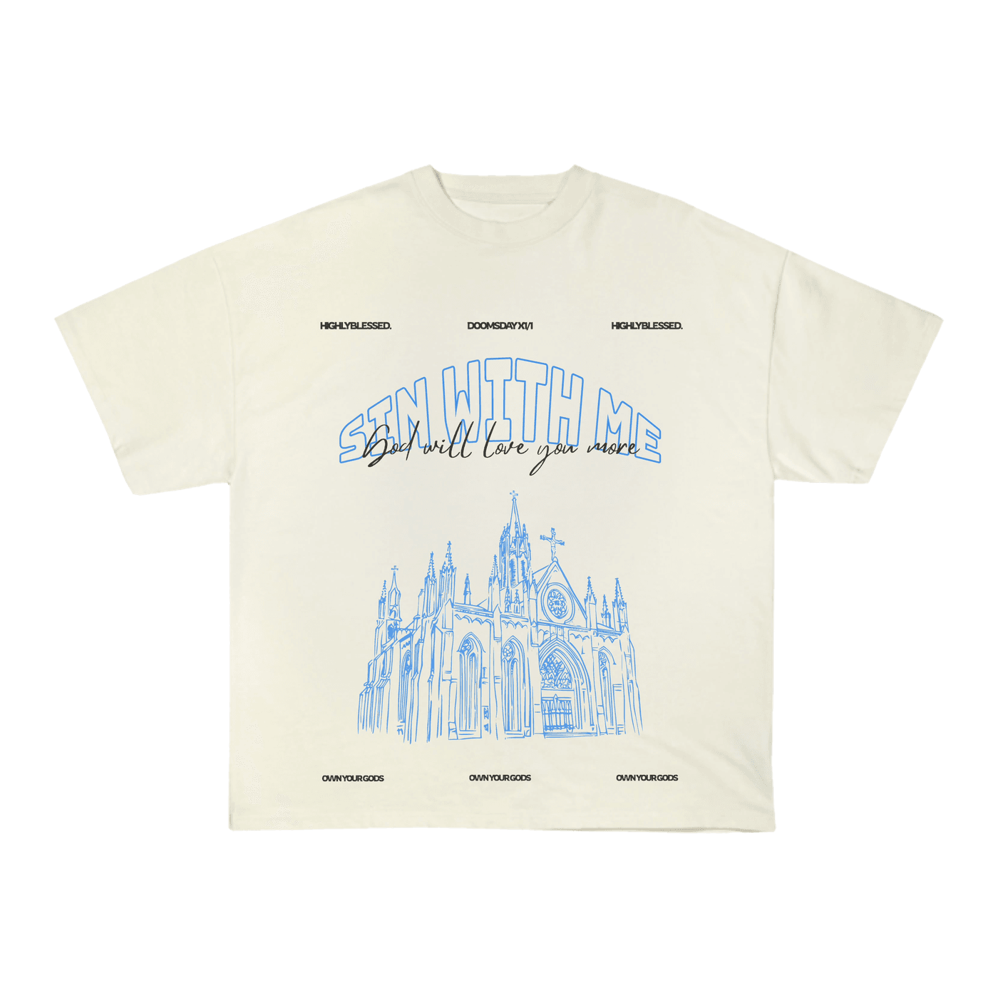 Sin With Me tee, cream — blue cathedral print, God will love you more